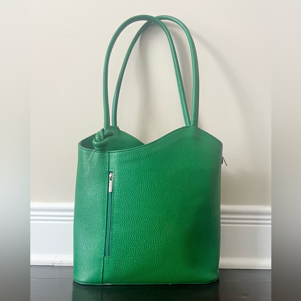 Genuine leather Kelly green convertible shoulder bag backpack